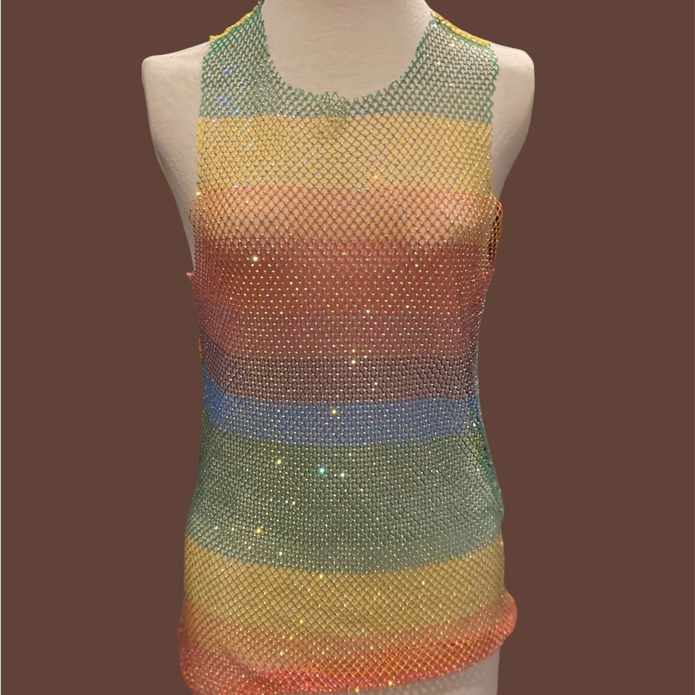 Sheer Rainbow Sequin Tank Top - Multicolor